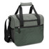 A green cooler bag with handles and a mesh pocket, featuring a zippered opening and a textured pattern.