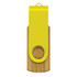 A bright yellow and bamboo flash drive with a loop for easy attachment.