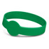 A green debossed silicone wristband with a circular feature, featuring a logo on the surface.