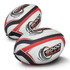 A rugby ball in white with red and black detailing, featuring a logo. Two balls are shown, slightly overlapping.