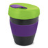 A drink bottle featuring a black body with a green lid and purple sleeve, equipped with a secure top closure.