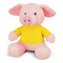 A pink plush pig toy wearing a yellow shirt, featuring large ears and a cute face. It has a logo on the shirt.