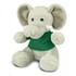 A soft grey elephant plush toy wearing a green shirt, featuring large ears and a friendly expression.