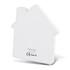 A white wireless charger shaped like a house, featuring a logo and regulatory information on the bottom.