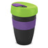 A drink bottle with a black body, green lid, and purple band, featuring a logo on the front.