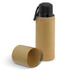 A drink bottle in black with a textured exterior, displayed inside a cylindrical brown packaging.