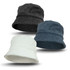 Three bucket hats in black, teal, and white terry towelling fabric, featuring a logo on each.
