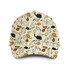 A cap featuring a playful pattern of various cats in cream, orange, and black tones. It has a logo on the front.