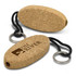 A cork floating key ring in a natural beige colour with a black attachment cord and metal keyring.