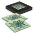 A set of two square glass coasters in green with a floral design, packaged in a black box.
