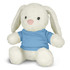 A soft white rabbit plush toy wearing a blue shirt, seated with its legs outstretched.