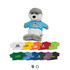 A plush seal toy with grey and white fur wearing a blue T-shirt. Various colourful miniature T-shirts are arranged below.