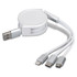 A retractable charging cable in white featuring USB, Lightning, and USB-C connectors. It includes a branding logo.