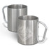 A stainless steel coffee mug with a carabiner-style handle and a logo design featuring mountains and trees.