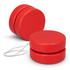 A red wooden yoyo with a string, featuring a smooth, rounded design and two circular pieces. It has a branding logo.