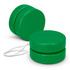 A green wooden yoyo with a white string, featuring a smooth, rounded shape and a glossy finish.