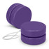A purple wooden yoyo with a string, featuring a simple round design. It includes a logo on the surface.