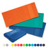 A set of terry towels in orange, green, and blue, with a folded blue towel featuring a logo.