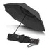 A black Metropolitan Umbrella, opened fully, with a folded version displayed next to it. It features a logo.