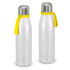A drink bottle in clear plastic with yellow rubber grip and silver cap, featuring a logo on the side.