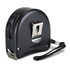 A black tape measure with a metal clip and a strap for easy carrying. It has a branded logo on its surface.
