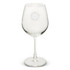 A clear wine glass with a stem, featuring an intricate logo design on the front.