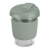 A drink bottle with a light green silicone sleeve and matching lid, featuring a clear borosilicate glass body.