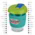 A drink bottle made of clear borosilicate glass with a teal silicone sleeve and a blue lid. It features a logo.