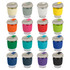 A drink bottle collection featuring various colours: grey, yellow, orange, pink, red, green, blue, and black, with a light-coloured lid and logo.