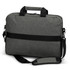 A grey laptop bag with a detachable shoulder strap and two handles, featuring a black band across the front and a logo.