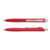 A red plastic pen with a silver clip and end. The pen features a smooth, rounded design.
