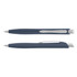 A blue plastic pen with a sleek design and chrome accents, featuring a clip and a logo.