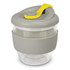 A drink bottle with a grey body, clear glass section, and a yellow lid. It features a logo on the surface.