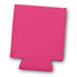 A pink stubby cooler with a shaped base and stitched edges, featuring a logo on one side.