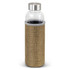 A drink bottle featuring a clear glass body and a natural-coloured fabric sleeve, topped with a stainless steel lid.