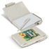 A natural-coloured notebook with a pen, featuring a simple design and a logo on the cover.