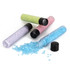 A set of four containers of bath salts in blue, pink, green, and purple, with black caps, one spilling salts.
