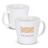 A white coffee mug with a logo, featuring a modern design and a comfortable handle.