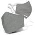 A grey linen face mask display with two masks shown, featuring adjustable ear straps and a subtle texture.
