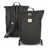 A roll top backpack in dark green with adjustable straps and a logo on the front. Features a minimalist design.