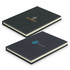 A dark green recycled cotton hard cover notebook with a logo on the front, featuring a textured finish.