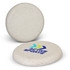 A frisbee in a speckled white colour with a logo on one side and a plain surface on the other.