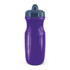 A drink bottle in vibrant purple with a dark blue lid and a logo on the front.