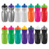 A drink bottle collection featuring various colours: silver, white, orange, pink, green, blue, purple, and black. Each bottle has a lid.
