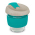 A drink bottle featuring a clear glass body with a teal silicone sleeve and a light grey lid. It has a logo.
