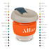 A drink bottle with a clear glass body, orange silicone sleeve, and natural-toned lid. Features a logo.