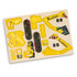 A wooden model kit featuring yellow and black excavator parts, with a base plate for assembly.