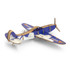 A wooden model aeroplane with blue wings featuring cloud designs and a brown body, displaying a logo.