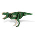 A green Tyrannosaurus Rex wooden model, featuring jointed limbs and a logo, stands in a dynamic pose.