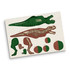 A wooden model kit featuring a Tyrannosaurus Rex with green and brown components for assembly.